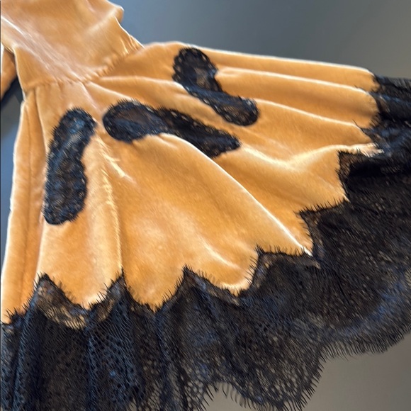 Alice + Olivia tan velvet and black lace Asymmetrical Bell Sleeve Blouse - Picture 6 of 10